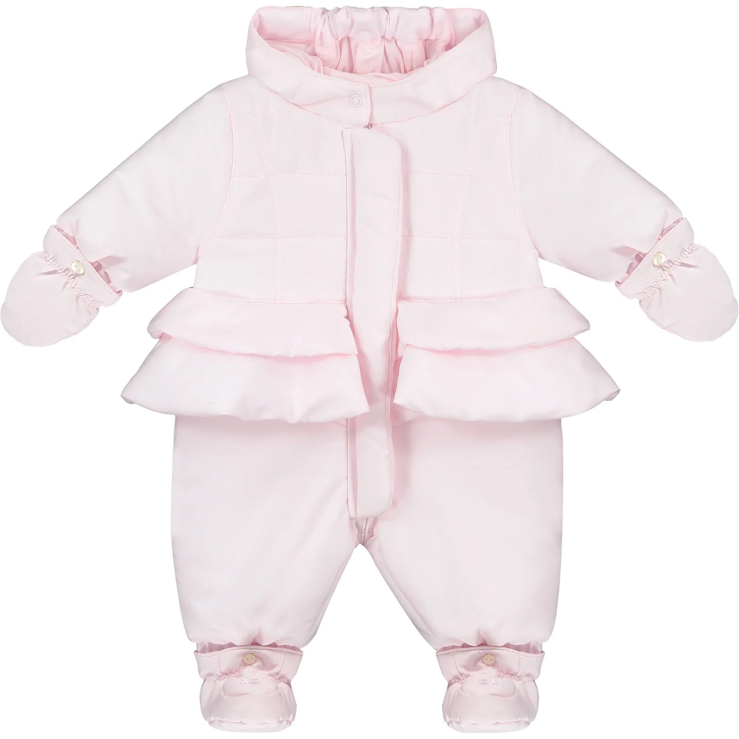 Emile et Rose Charis Pink Quilted upper Pramsuit with frills, Mitts & Bootees 2525PP