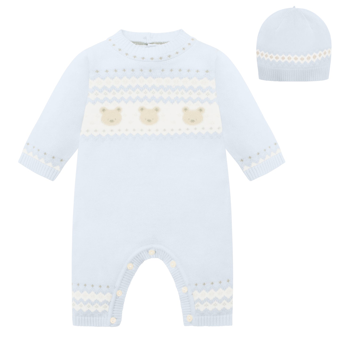 Emile Et Rose Kristian Blue Knitted All In One With Bear & Fairisle Design, Hat 2622PB