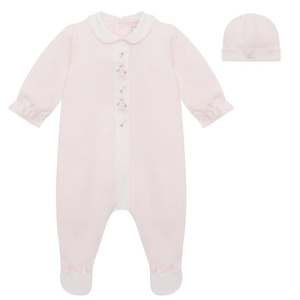 Emile et Rose Loretta Girls Pale Pink I'Lock Aio With Floral Emb Mock Front Opening, Collar & Hat 2648PP
