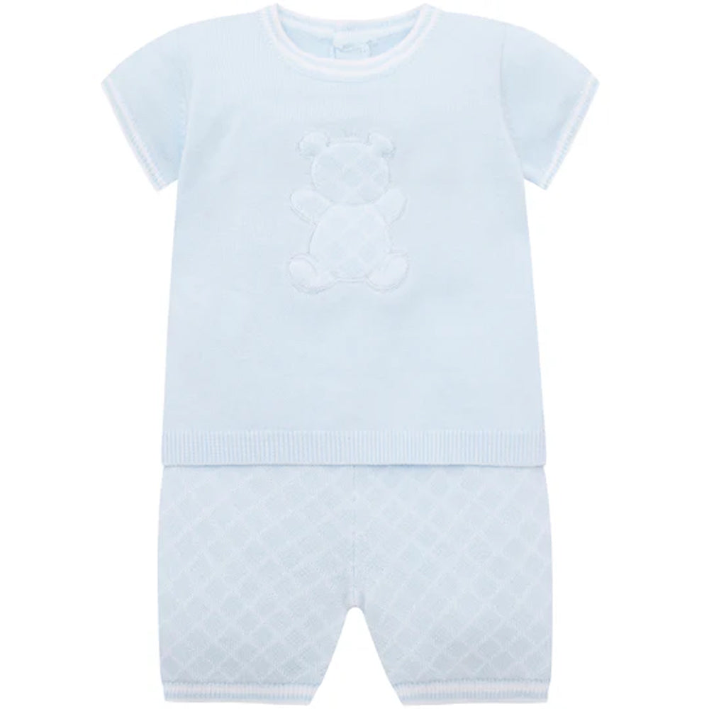 Emile Et Rose Lennox Boys Pale Blue Knitted 2Pc With Check Bear Motif Top & Shorts 5399PB