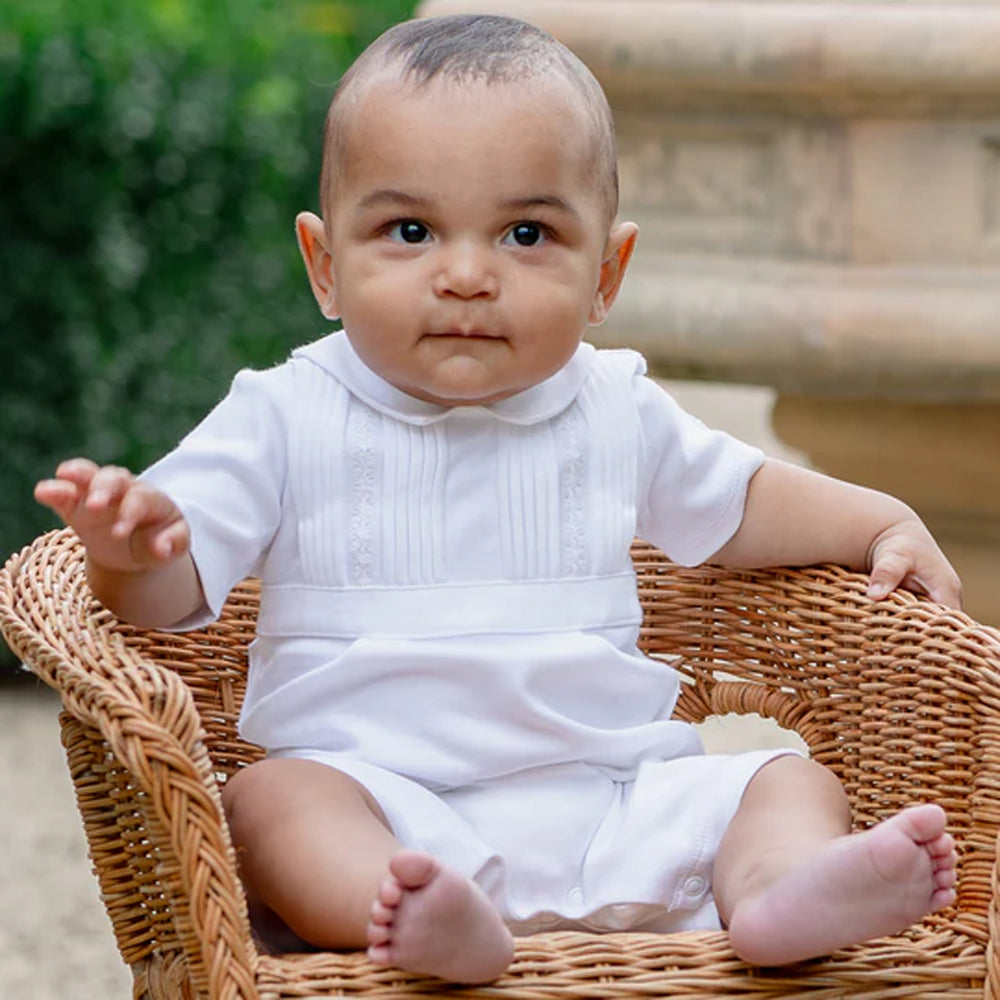 Emile Et Rose Leon Boys White I'Lock Romper With Pleated Emb Yoke, Waistband & Collar 7348WH