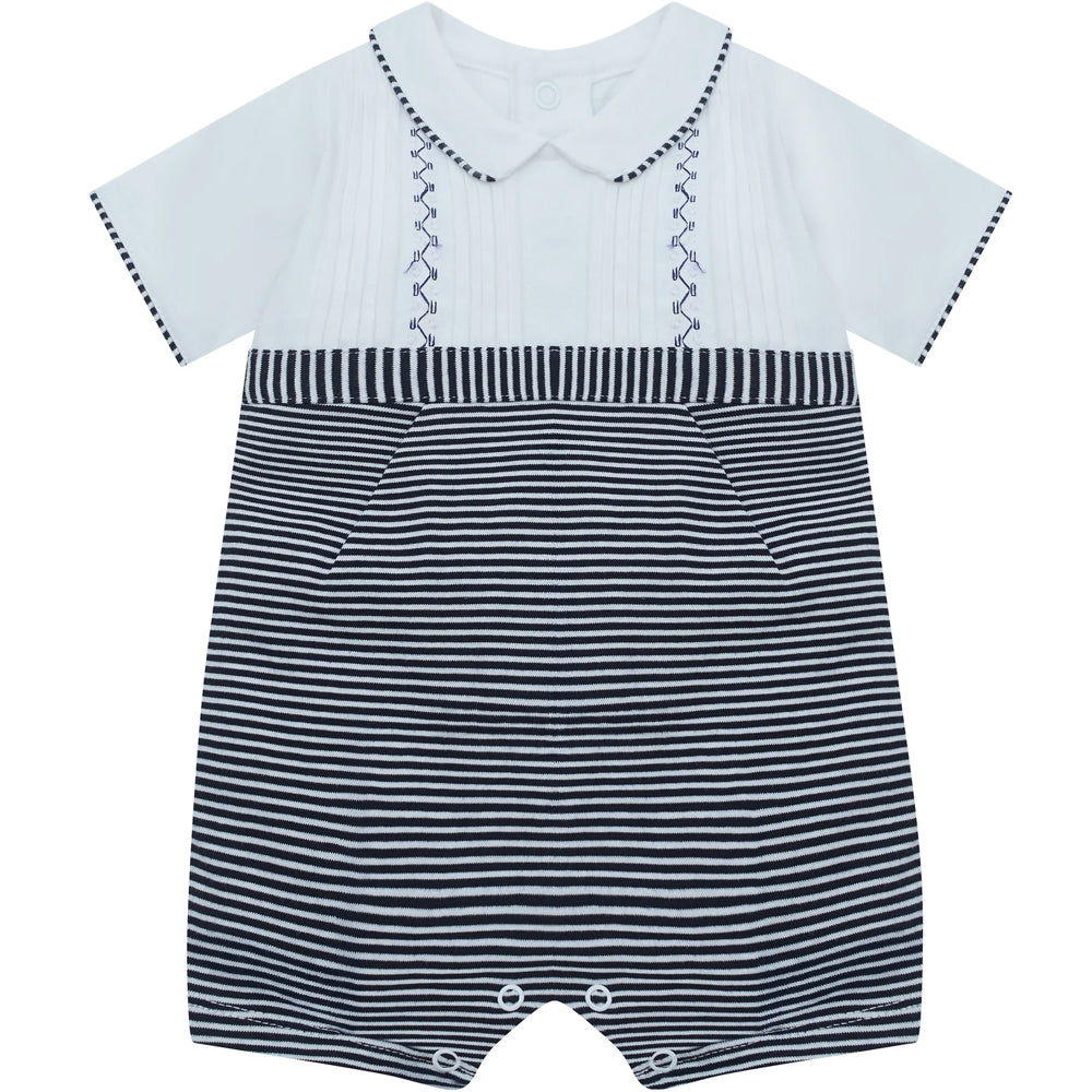 Emile Et Rose Leo Boys Navy Jersey Romper, Pleated Emb Yoke, Navy Stripe Lower & Collar 7349NV