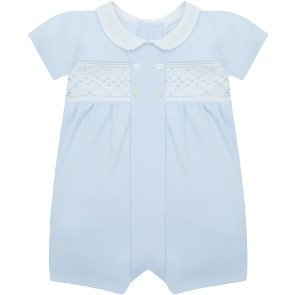 Emile Et Rose Lawrence Boys Pale Blue Interlock Romper With Mock Smock Emb Panel & Collar 7350PB