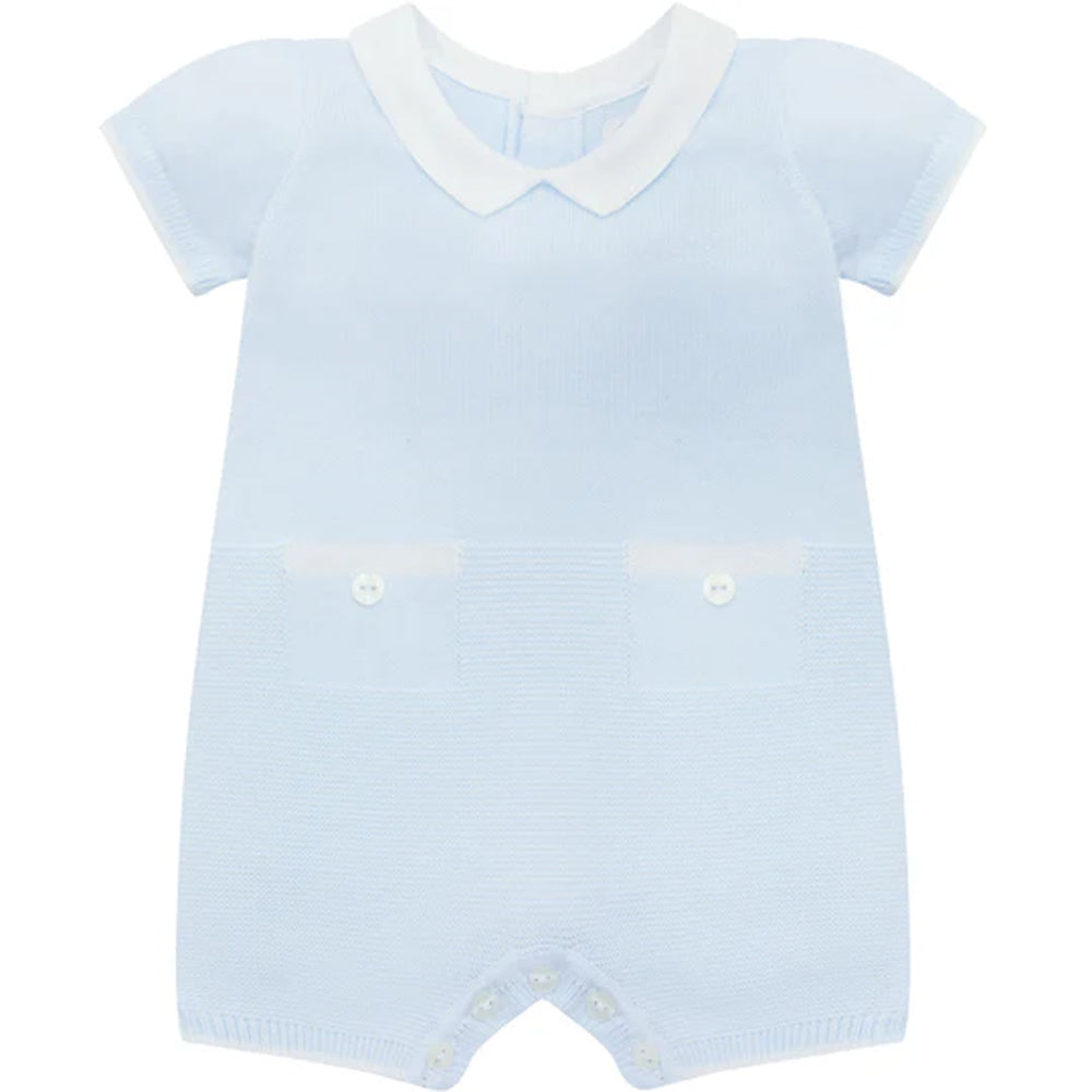 Emile Et Rose Logan Boys Pale Blue Knitted Romper With Mock Pockets & Collar 7351PB