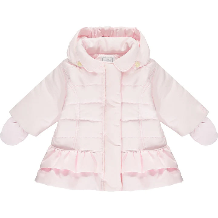 Emile et Rose Corina Pink Microfibre Coat with quilting & peplum frills, Mitts 9326PP