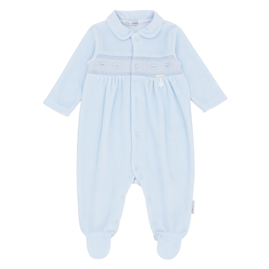 blues baby Eindhoven Boys Blue Velour All In one With Teddy Applique BB2066B
