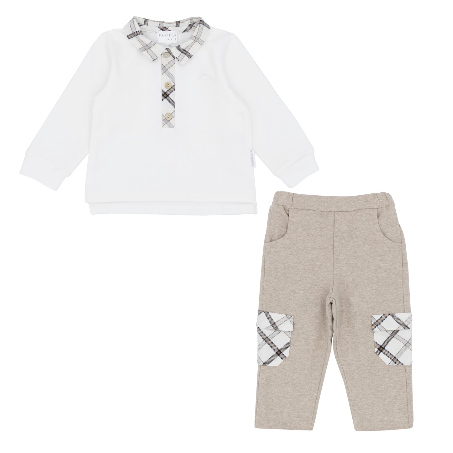 Pastels & Co Braid Check And Tex Polo Top With 5 Pocket Trouser Beige/Ivory Pa-302H