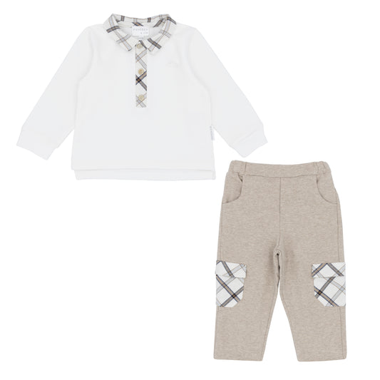 Pastels & Co Braid Check And Tex Polo Top With 5 Pocket Trouser Beige/Ivory Pa-302H