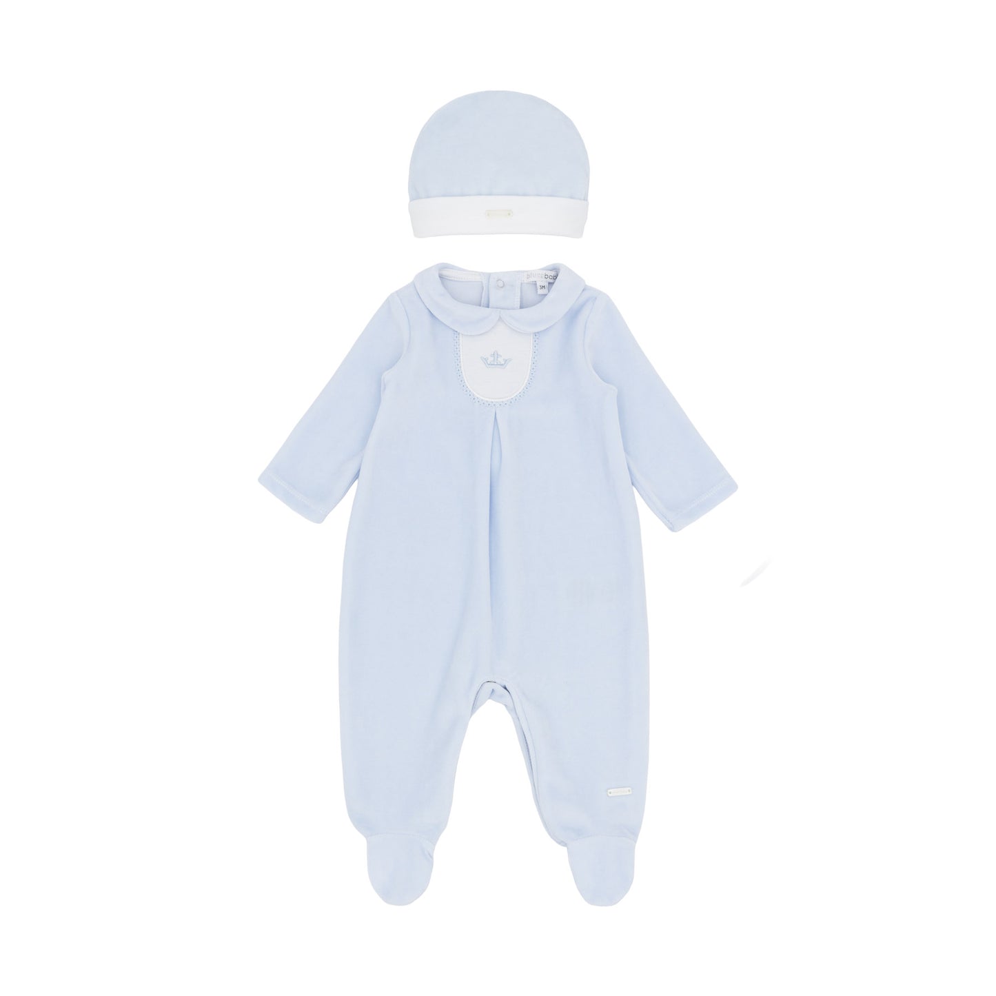Blues Baby Boys Blue Velour All in One With Hat BB3105B - front