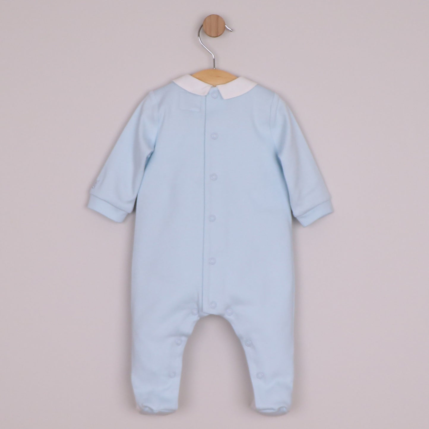 Emile et Rose Boys Miles Interlock All In One, Pleated Mock Front Opening & Bear Embroidered Pale Blue 2658PB – back