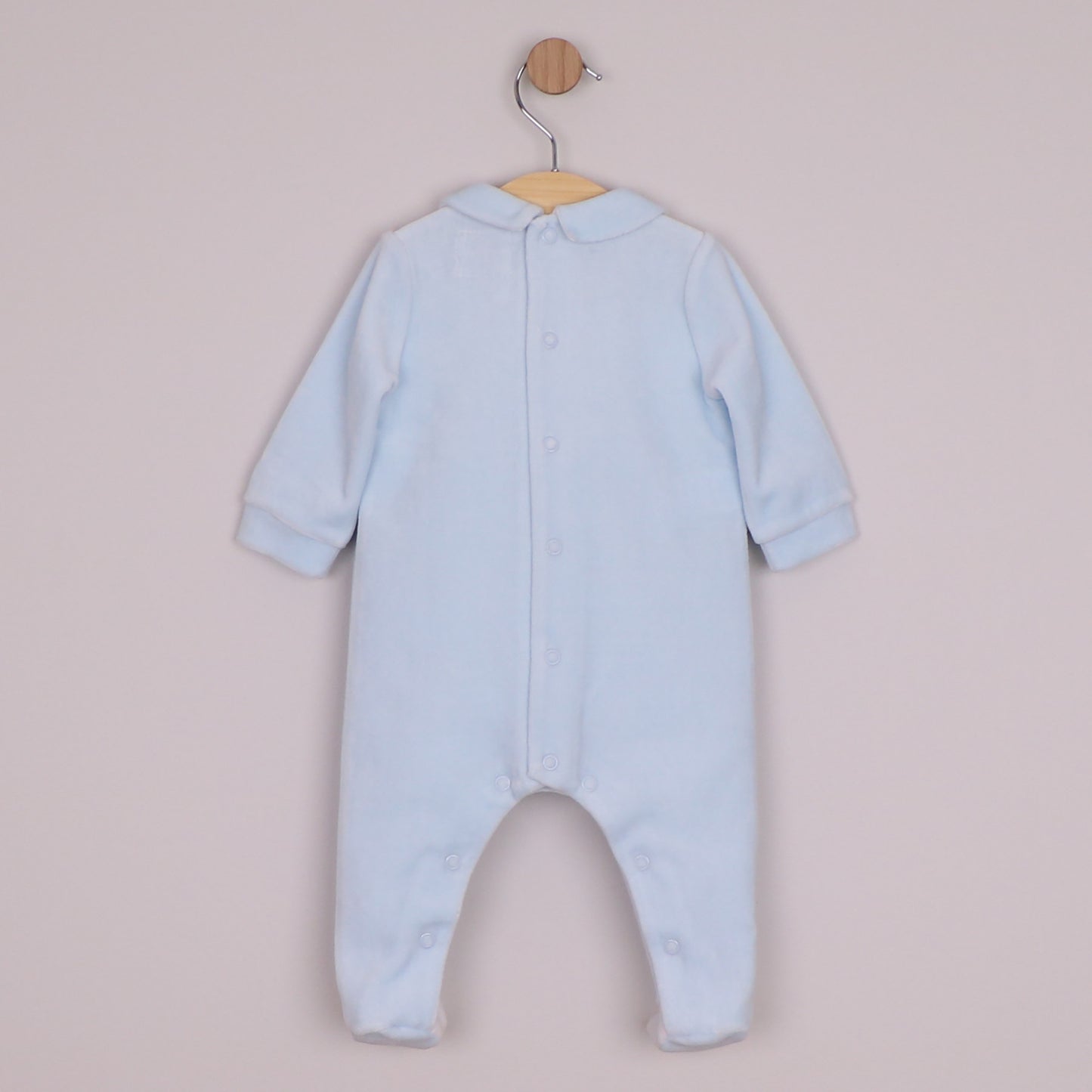 Emile et Rose Boys Monty Velour All In One, White Yoke with Smart Embroidered & Collar Pale Blue 2659PB – back