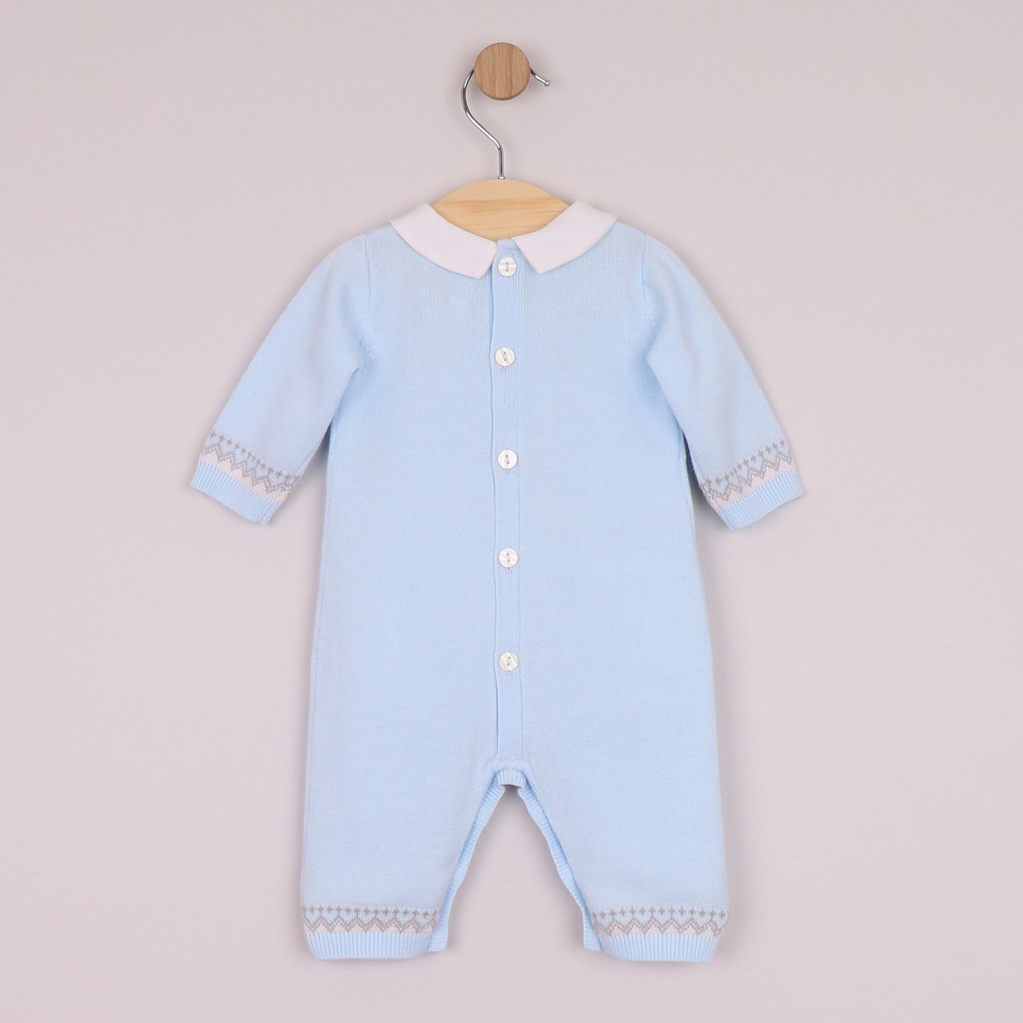 Emile et Rose Boys Milo Knit All In One with Large Teddy Motif & Zig-Zag Trim, Hat Pale Blue 2663PB – back