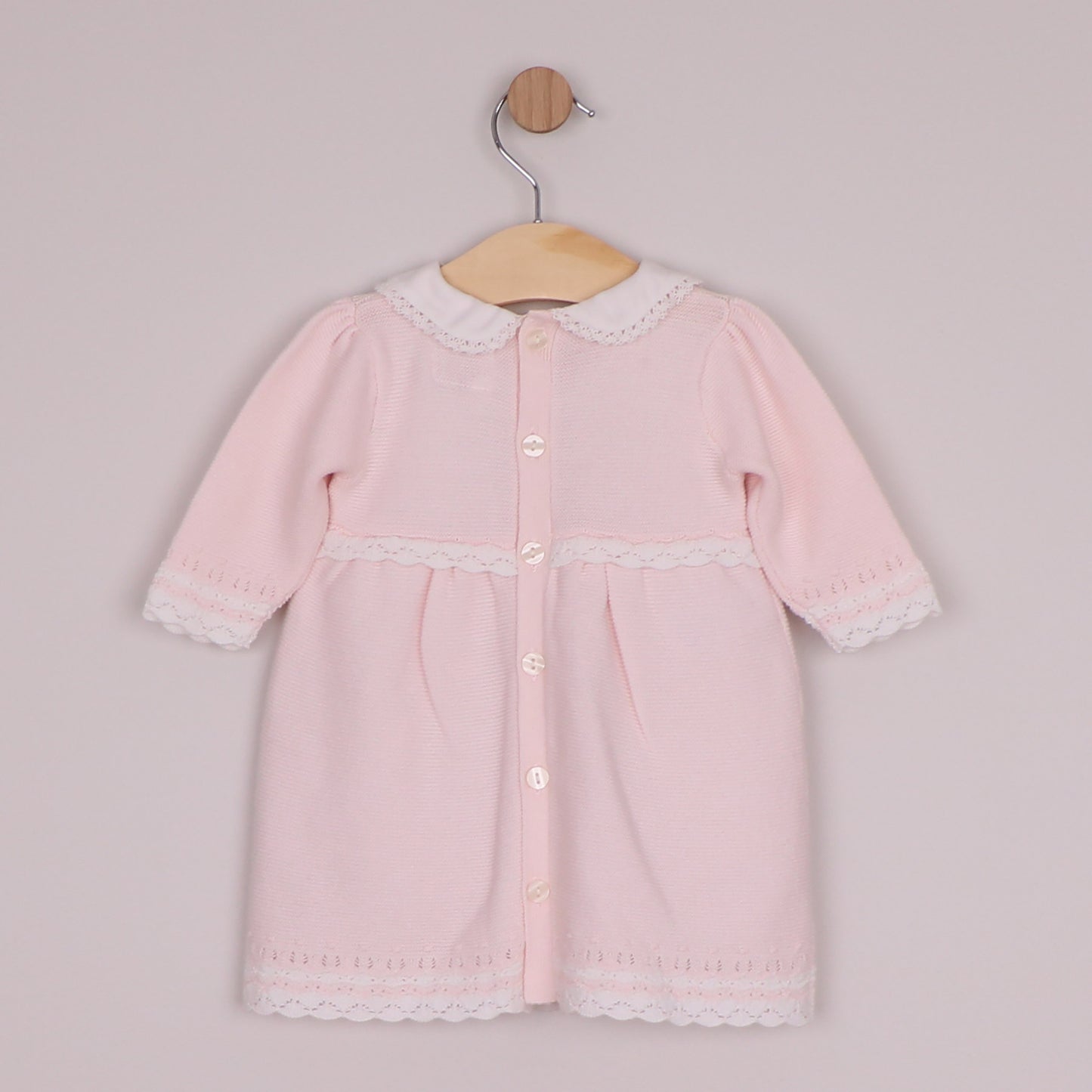 Emile et Rose Girls Millie Knit Dress, Crocheted Edges, Large Collar & Tights Pale Pink 8484PP – back