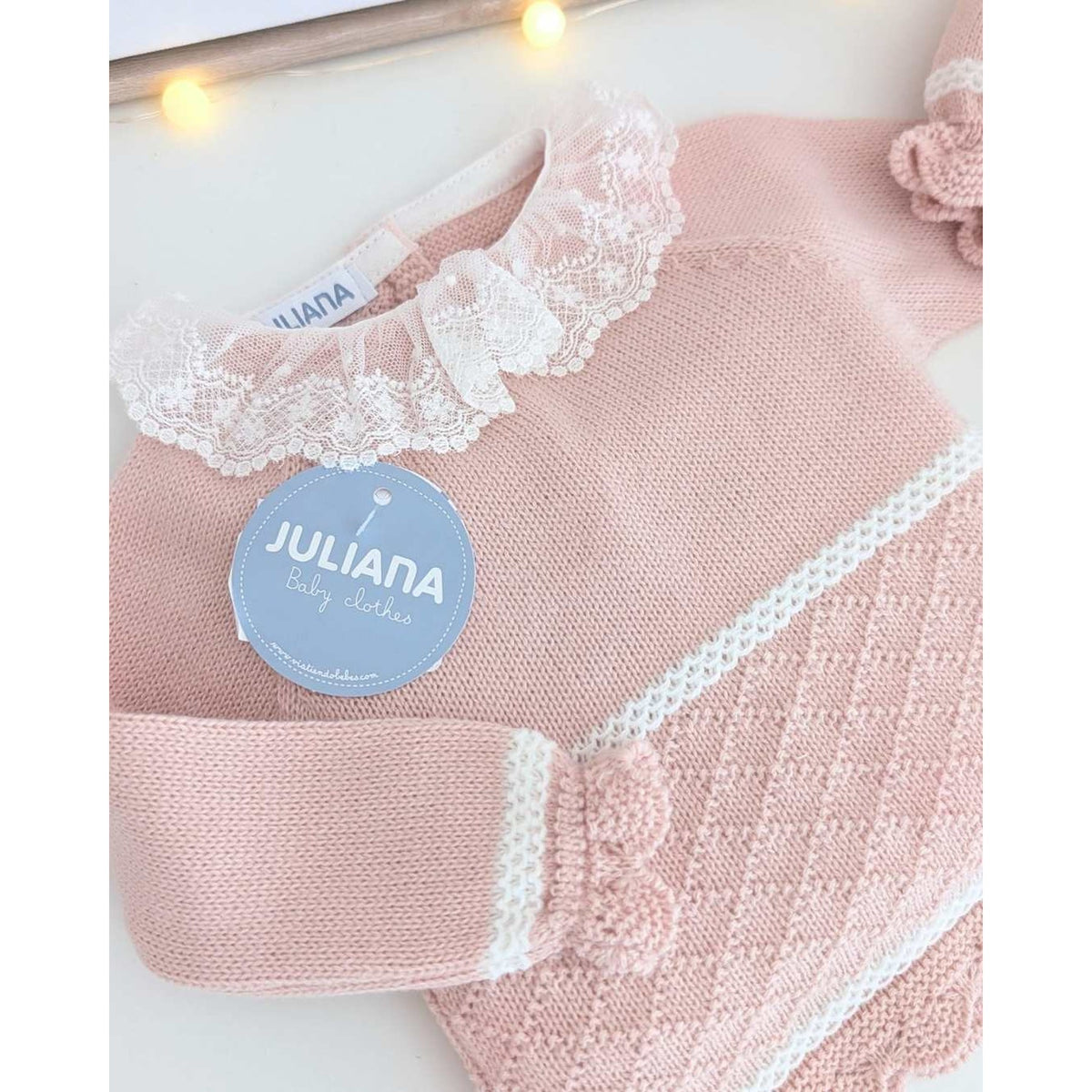 Juliana Girls Knitted 3 Piece Baby Set with Openwork Diamond Pattern Pale Pink/Cream 26557 - image 3