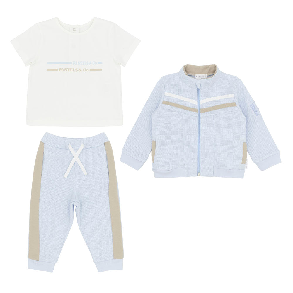 Pastels & Co Boys Philip 3 Piece Zip Jogger Set Blue/Beige PA-10-06A – front view