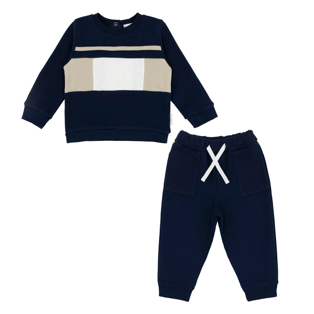Pastels & Co Boys Adam Round Neck Jogger Navy/Beige PA-10-06D – front view