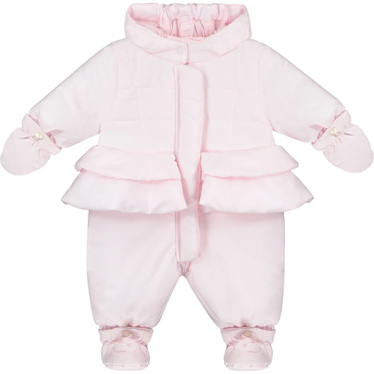 Emile et Rose Charis Pink Quilted upper Pramsuit with frills, Mitts & Bootees 2525PP