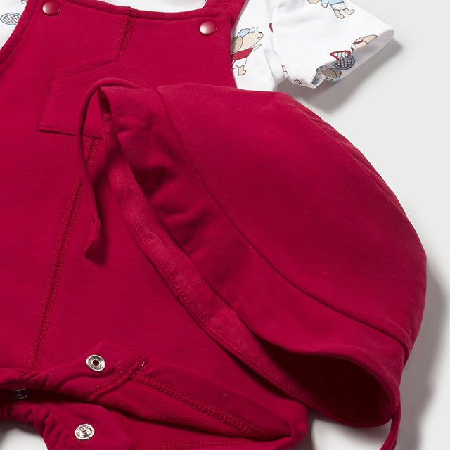 Mayoral Red knit dungarees & hat set 1624