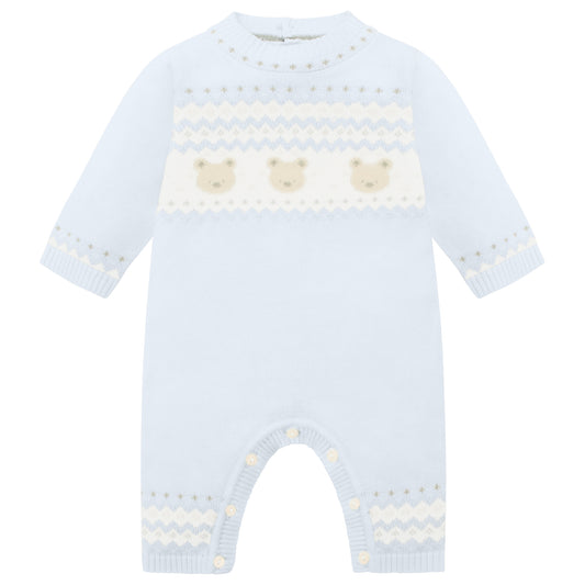 Emile Et Rose Kristian Blue Knitted All In One With Bear & Fairisle Design, Hat 2622PB