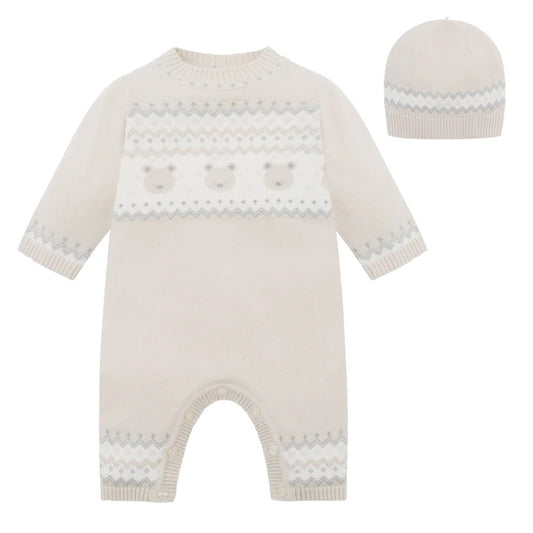 Emile et Rose Kristian Stone Knitted AIO with bear & fairisle design, Hat 2622ST