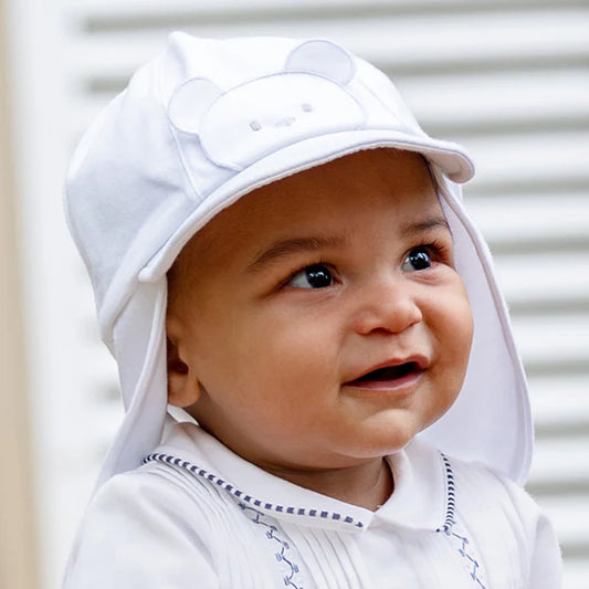 Emile Et Rose Lee Boys White Jersey Sun Cap, Teddy Applique & 3D Ears & Neck Shield 4793WH