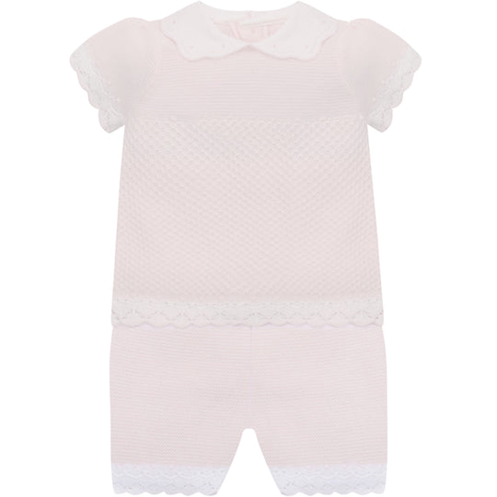 Emile et Rose Laura Girls Pale Pink Knitted 2Pc Top & Shorts With Crocheted Hems, Emb Collar 5402PP