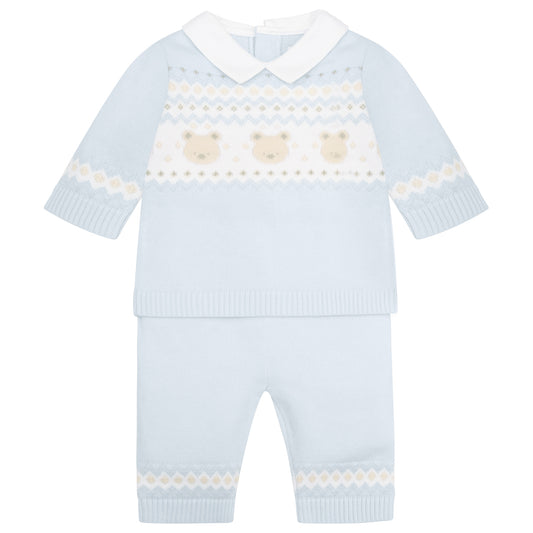 Emile Et Rose Kipling Blue Knit 2 Piece Bear & Fairisle Jumper, Leggings & Hat 6512PB