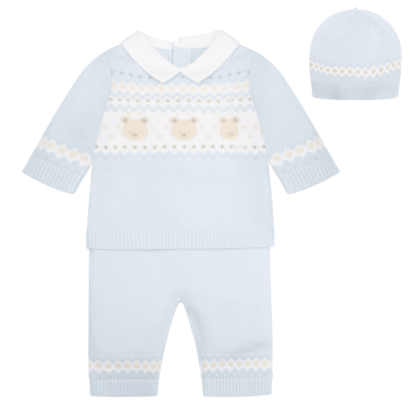Emile Et Rose Kipling Blue Knit 2 Piece Bear & Fairisle Jumper, Leggings & Hat 6512PB