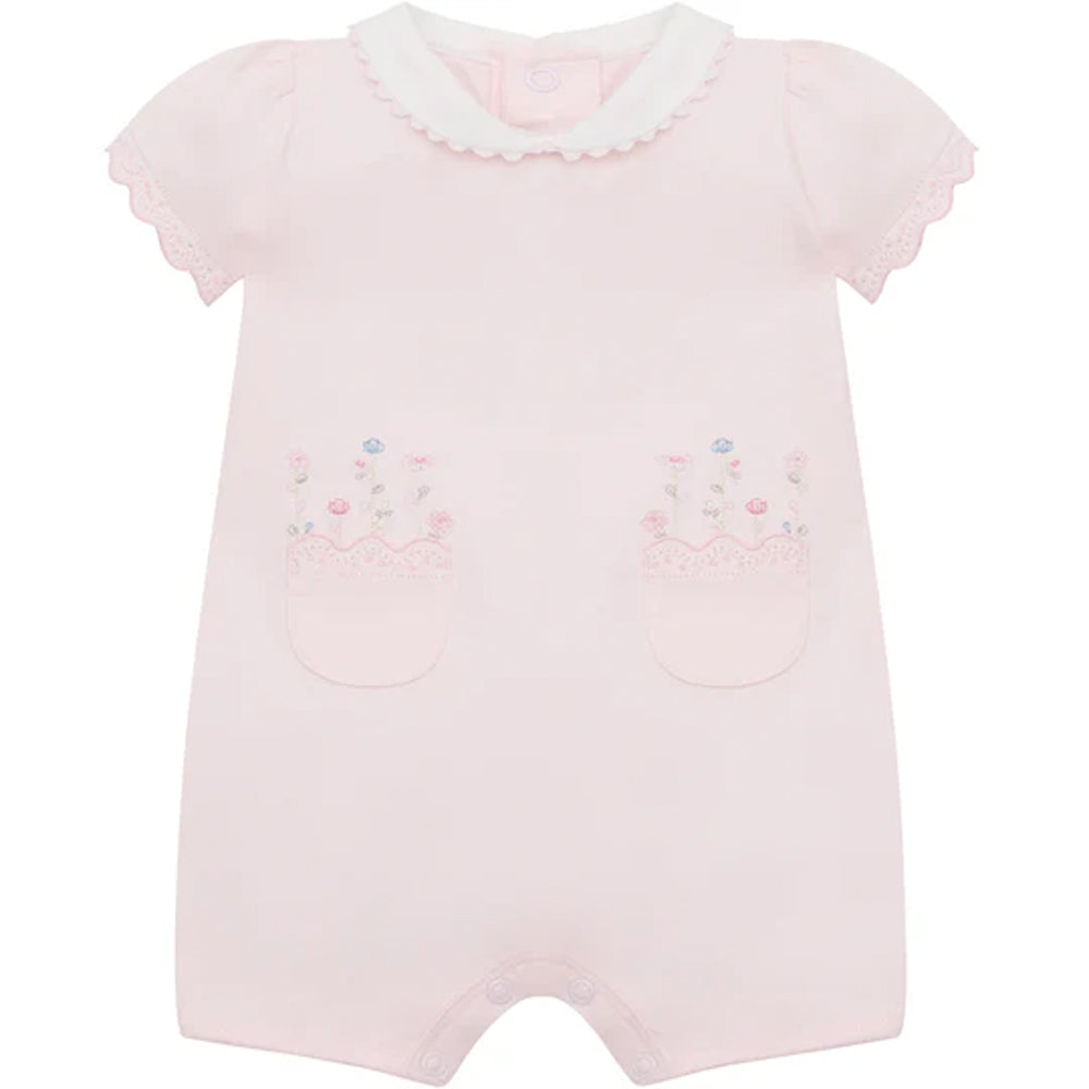 Emile et Rose Louise Girls Pale Pink Stretch Jersey Romper With Floral Emb, Pockets & Collar 7355PP