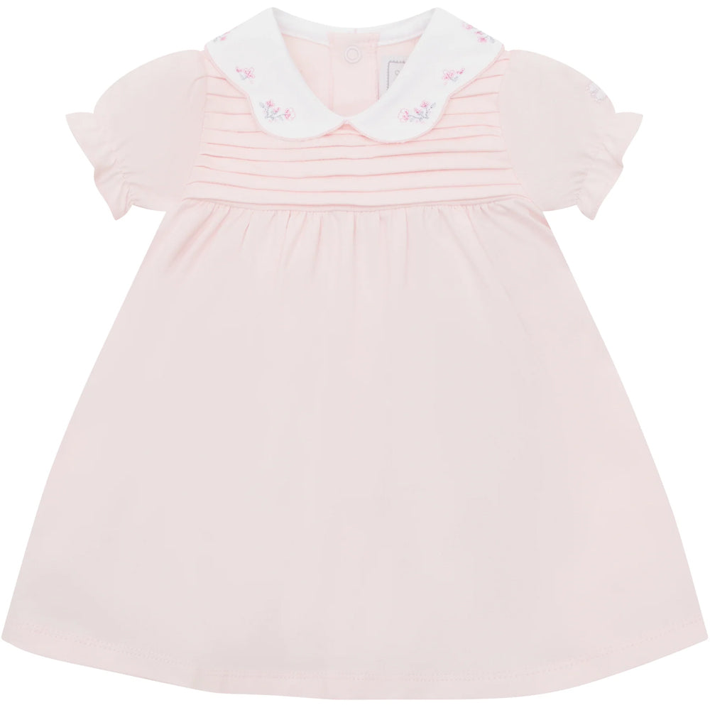 Emile et Rose Lucia Girls Pale Pink Sj Dress With Pleated Yoke & Emb Floral Scallop Collar 8477PP