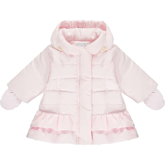 Emile et Rose Corina Pink Microfibre Coat with quilting & peplum frills, Mitts 9326PP