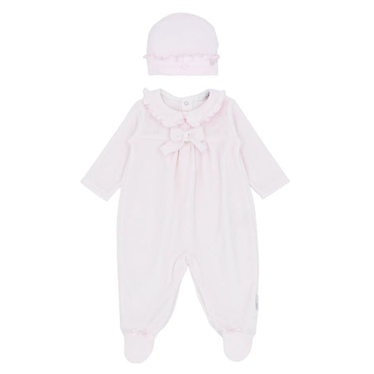 blues baby Almelo Girls Pink Velour All In One With Frill Collar And Hat BB2069