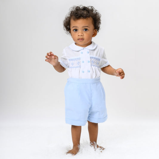 Sarah Louise Boys White/Blue 2 Piece Set – Top & Shorts 013554