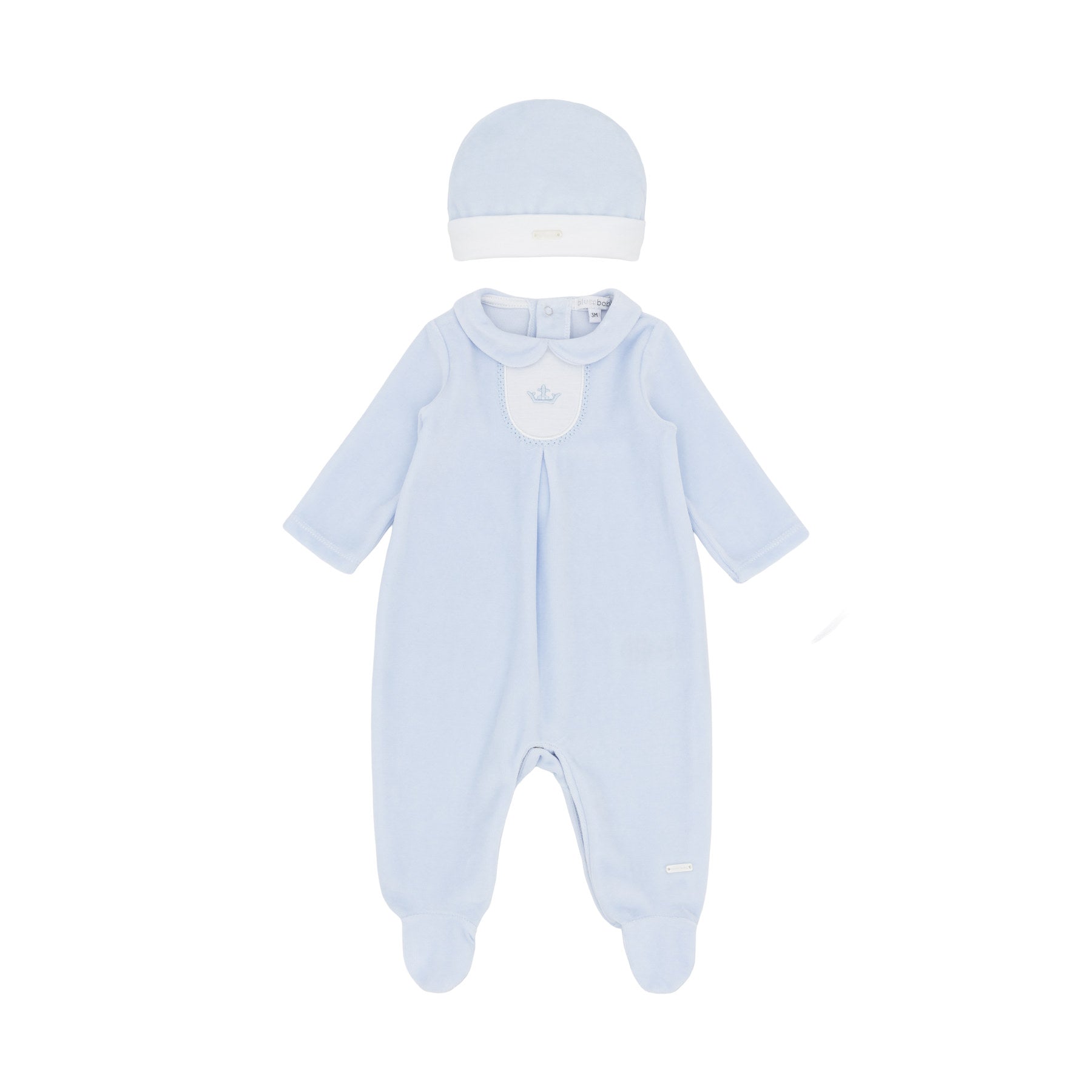 Blues Baby Boys Blue Velour All in One With Hat BB3105B - front