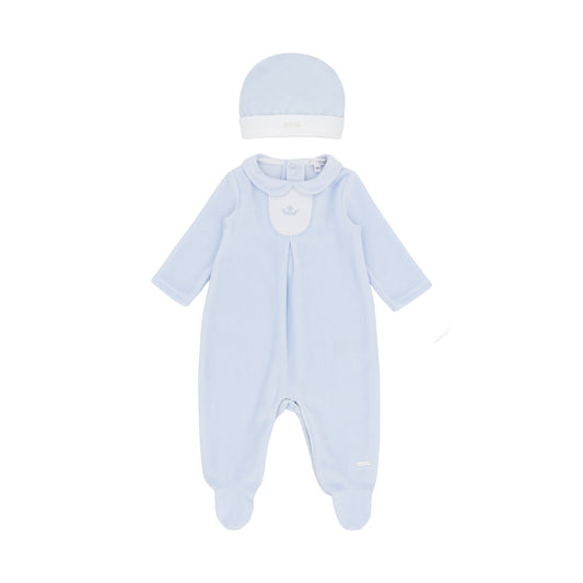 Blues Baby Boys Blue Velour All in One With Hat BB3105B - front