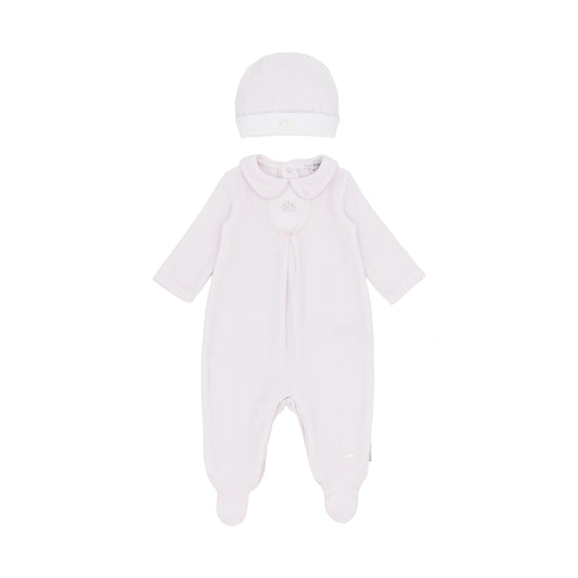Blues Baby Girls Pink Velour All in One With Hat BB3105P - front