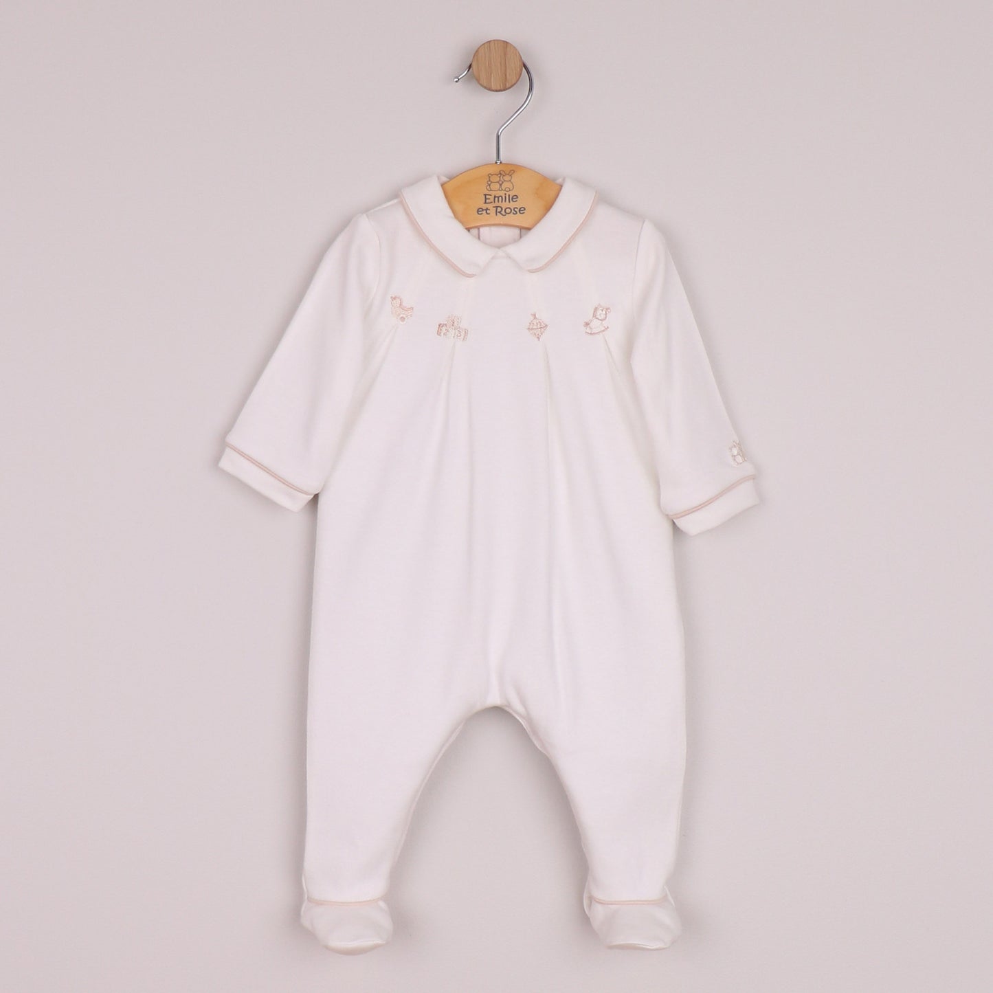 Emile et Rose Boys Lenny Twin Pack All In One In Stone & White with Pleats & Nursery Embroidered Stone/White 2645ST – front