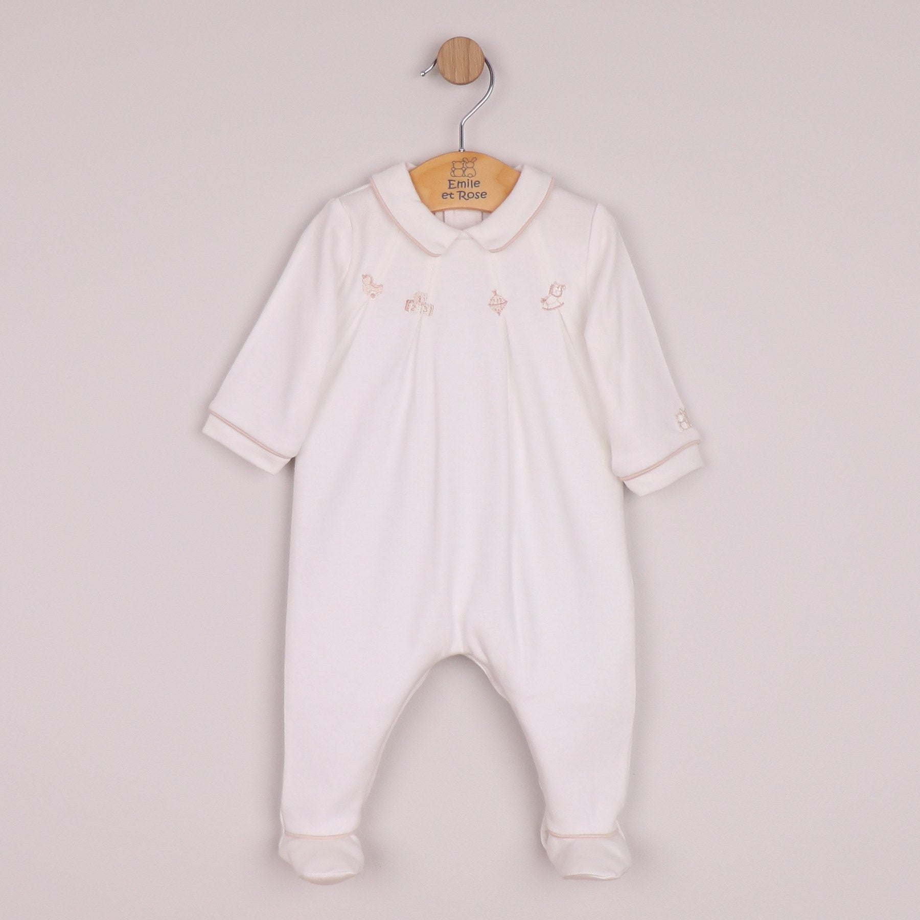 Emile et Rose Boys Lenny Twin Pack All In One In Stone & White with Pleats & Nursery Embroidered Stone/White 2645ST – front