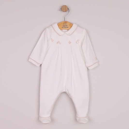 Emile et Rose Boys Lenny Twin Pack All In One In Stone & White with Pleats & Nursery Embroidered Stone/White 2645ST – front