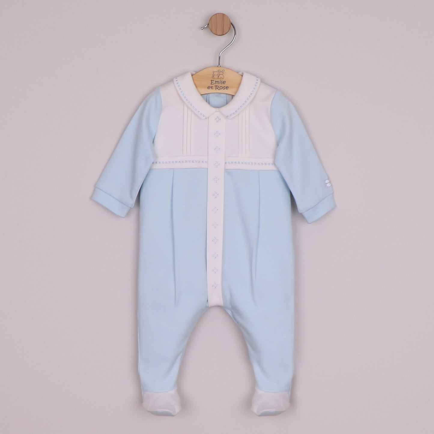 Emile et Rose Boys Matthew Interlock All In One with White Pleated Yoke & Embroidered Placket Pale Blue 2657PB – front