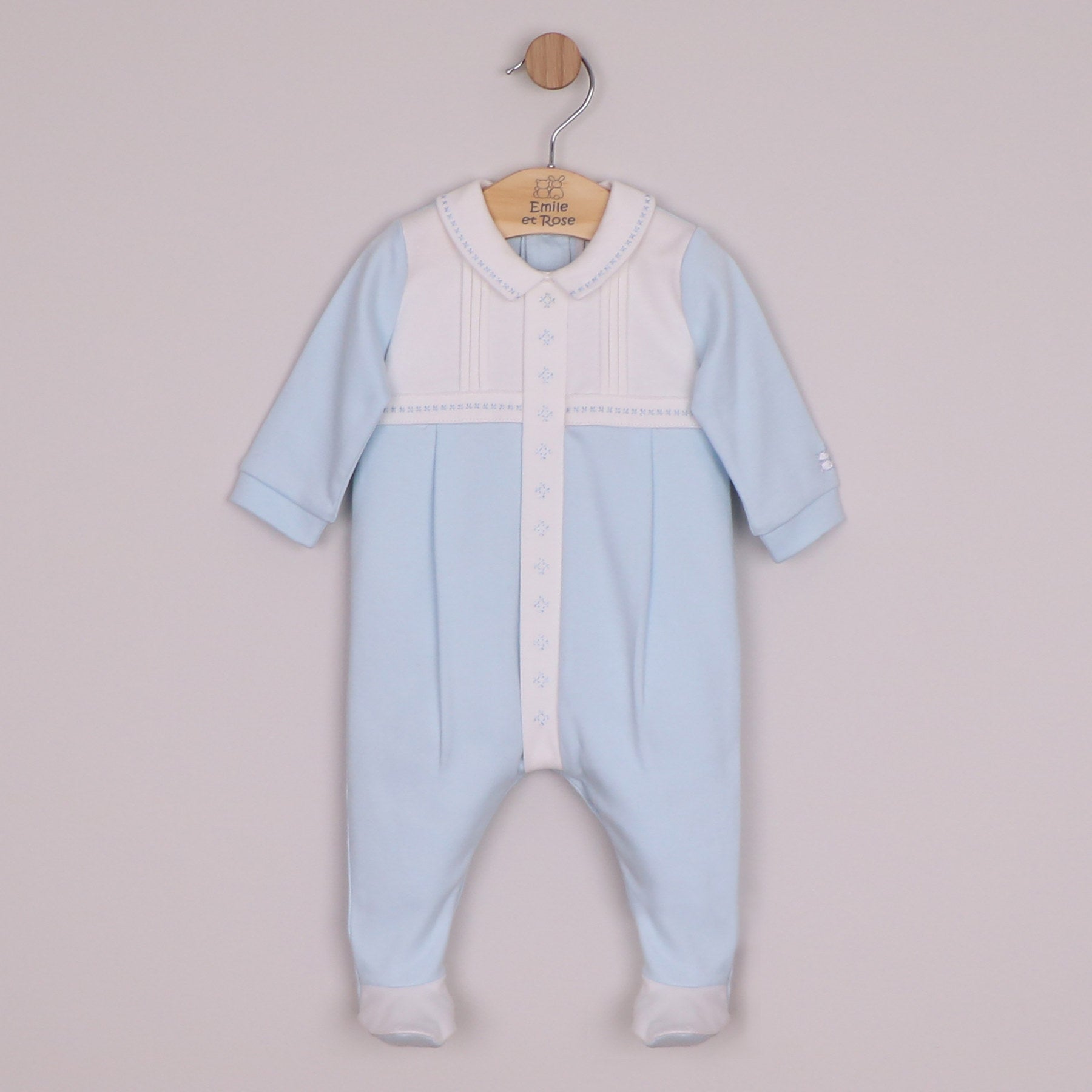 Emile et Rose Boys Matthew Interlock All In One with White Pleated Yoke & Embroidered Placket Pale Blue 2657PB – front