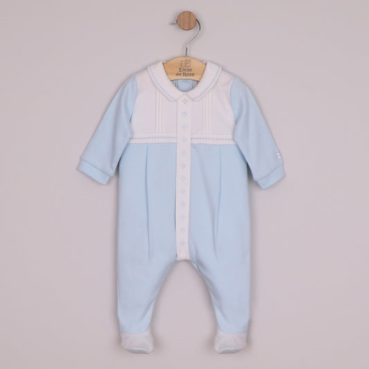 Emile et Rose Boys Matthew Interlock All In One with White Pleated Yoke & Embroidered Placket Pale Blue 2657PB – front