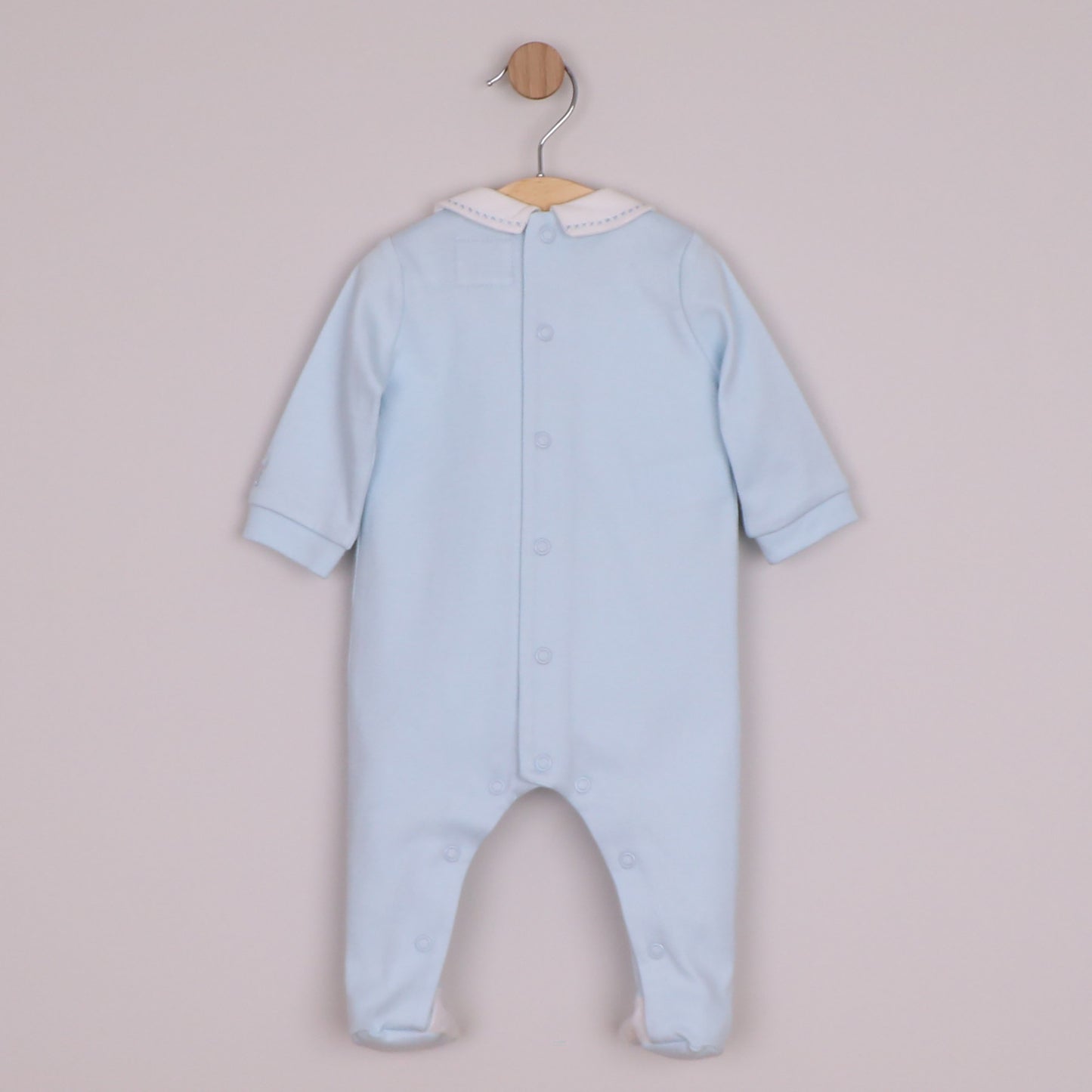 Emile et Rose Boys Matthew Interlock All In One with White Pleated Yoke & Embroidered Placket Pale Blue 2657PB – back