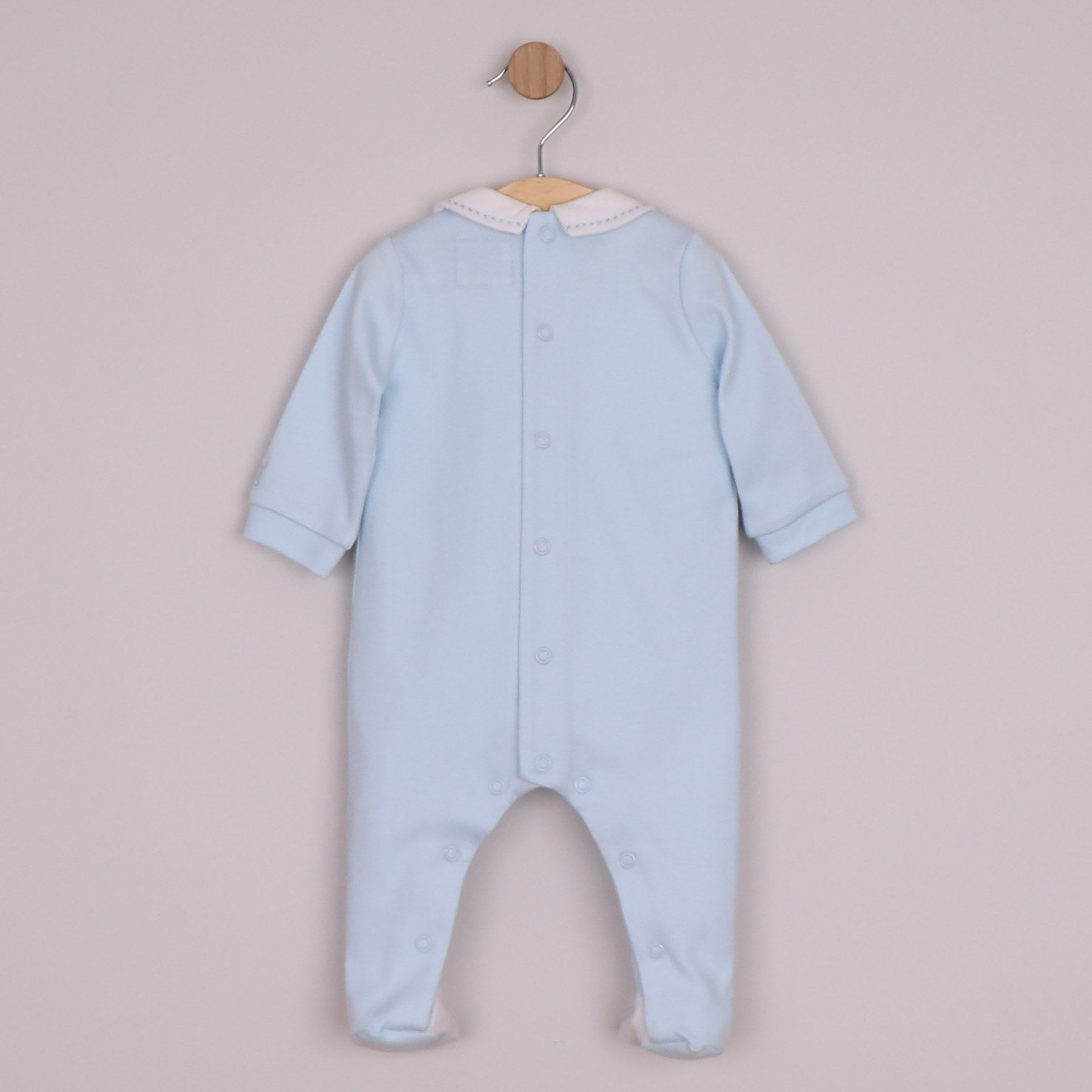 Emile et Rose Boys Matthew Interlock All In One with White Pleated Yoke & Embroidered Placket Pale Blue 2657PB – back