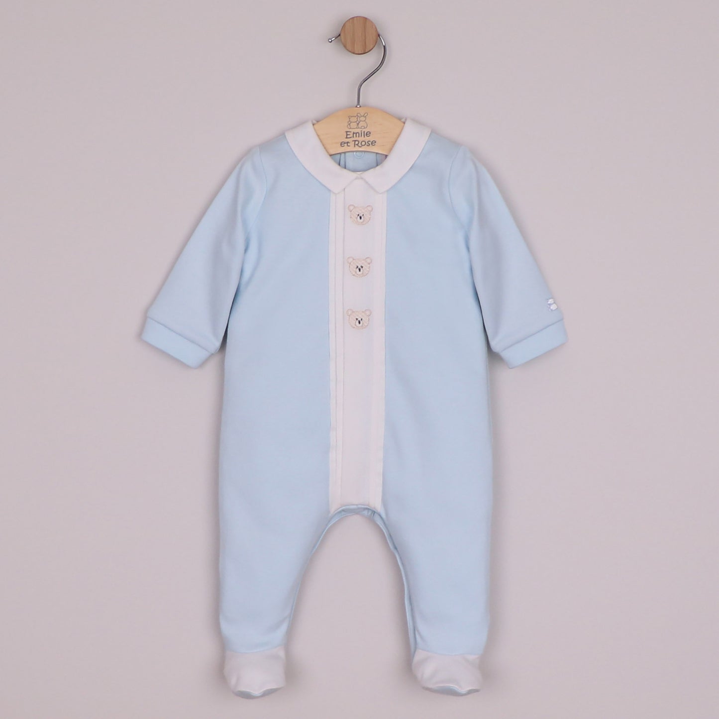 Emile et Rose Boys Miles Interlock All In One, Pleated Mock Front Opening & Bear Embroidered Pale Blue 2658PB – front