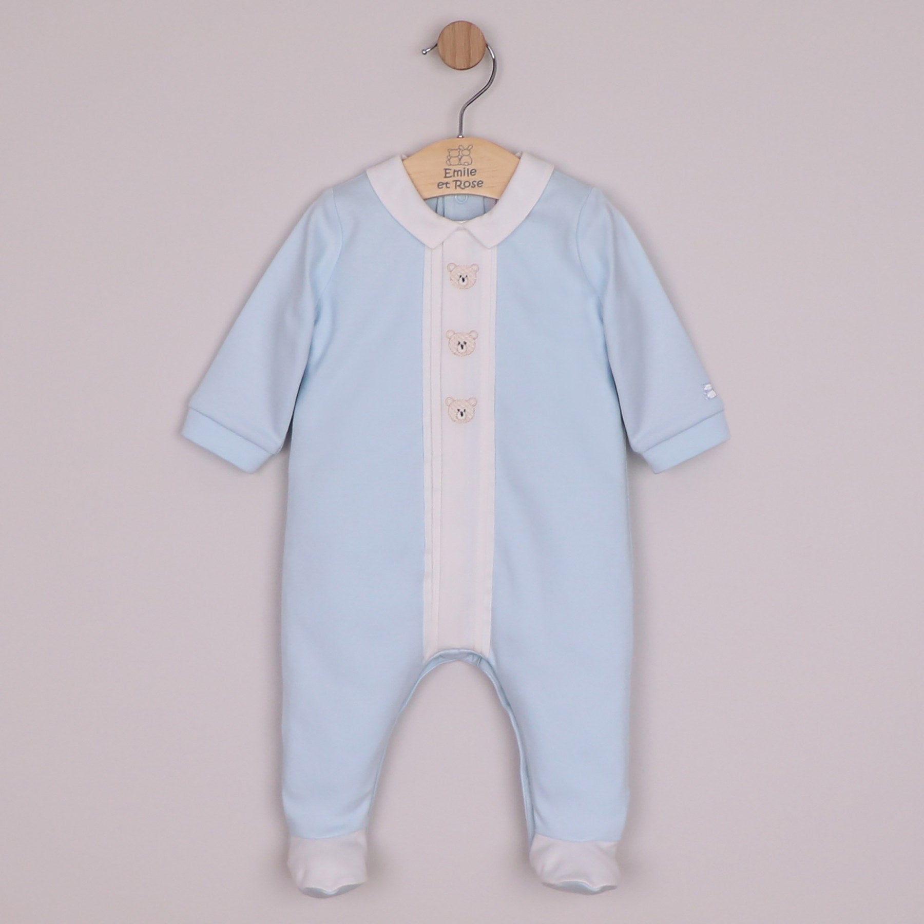 Emile et Rose Boys Miles Interlock All In One, Pleated Mock Front Opening & Bear Embroidered Pale Blue 2658PB – front