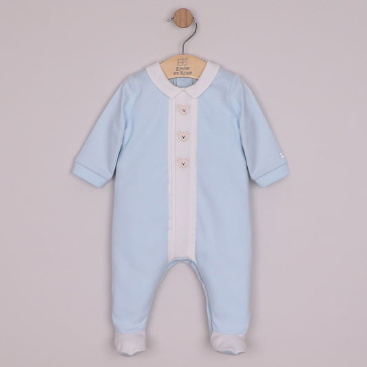 Emile et Rose Boys Miles Interlock All In One, Pleated Mock Front Opening & Bear Embroidered Pale Blue 2658PB – front