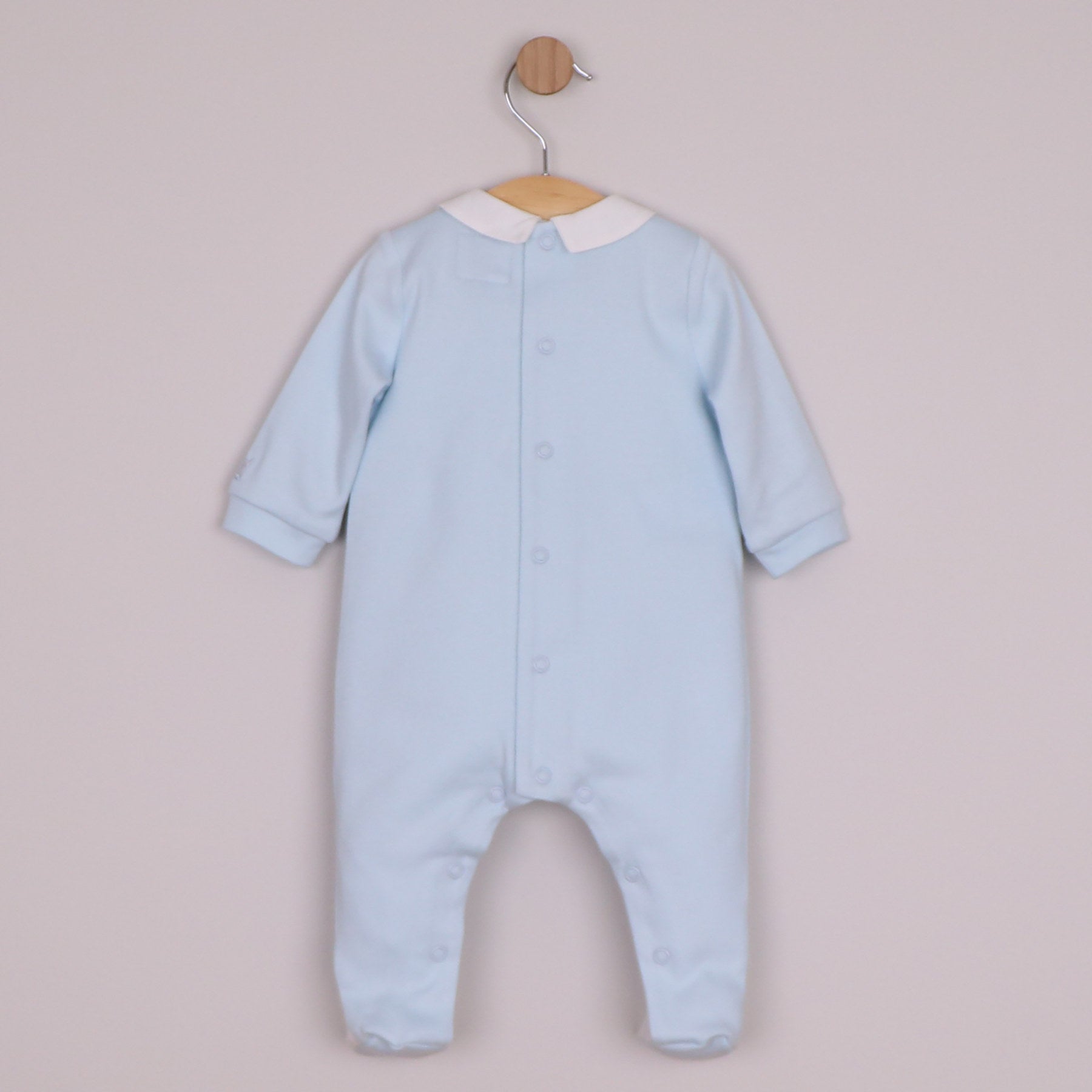 Emile et Rose Boys Miles Interlock All In One, Pleated Mock Front Opening & Bear Embroidered Pale Blue 2658PB – back