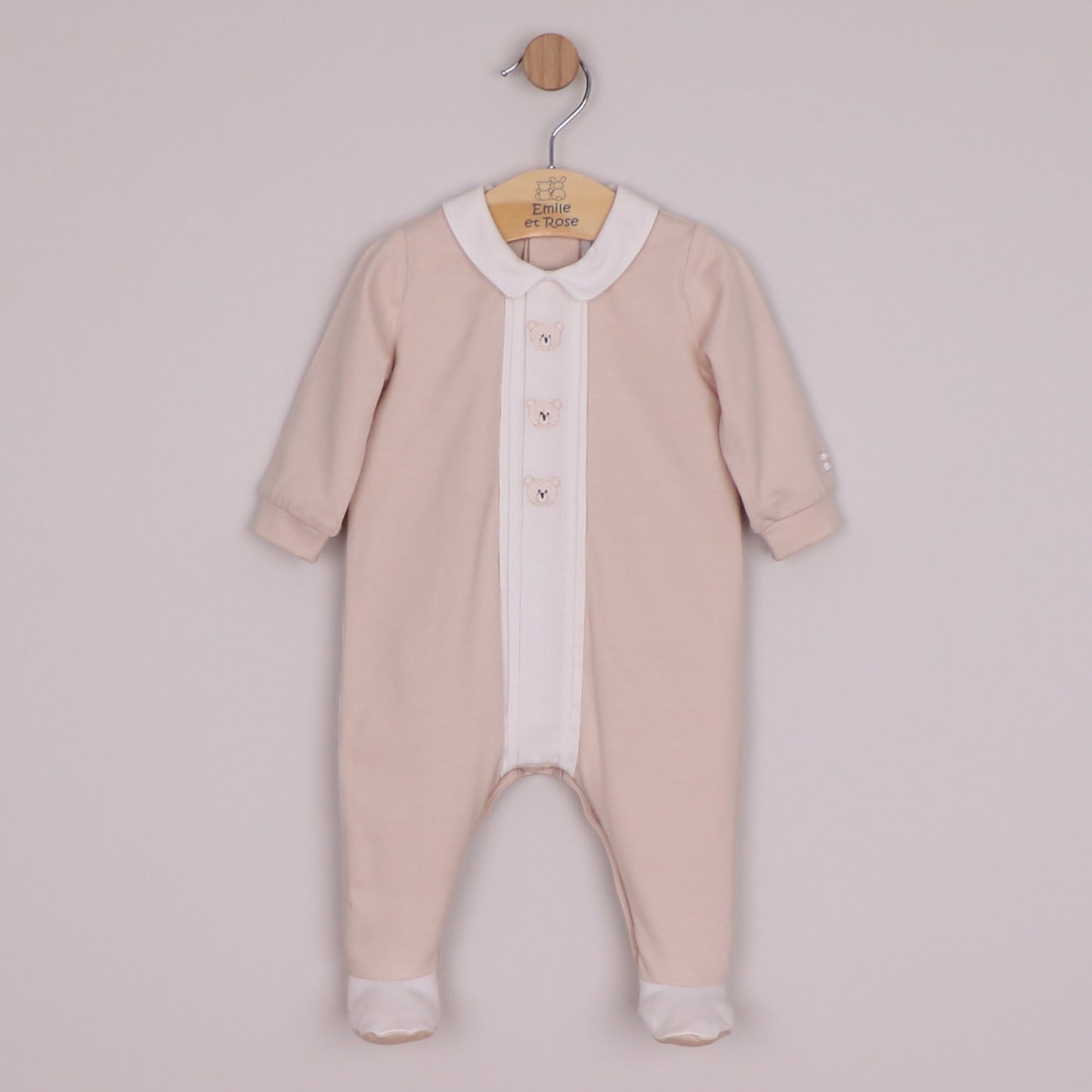 Emile et Rose Boys Miles Interlock All In One, Pleated Mock Front Opening & Bear Embroidered Stone 2658ST – front