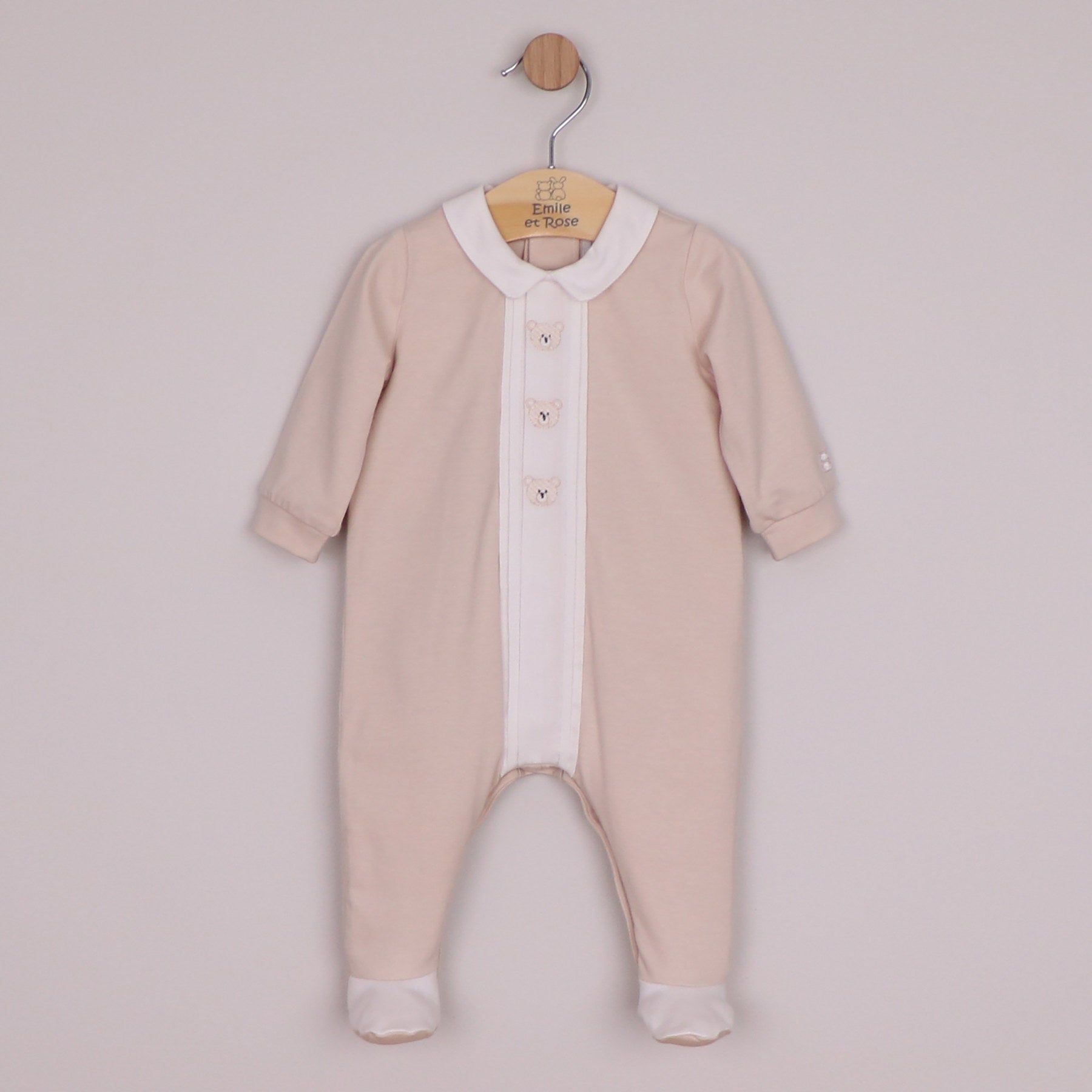 Emile et Rose Boys Miles Interlock All In One, Pleated Mock Front Opening & Bear Embroidered Stone 2658ST – front